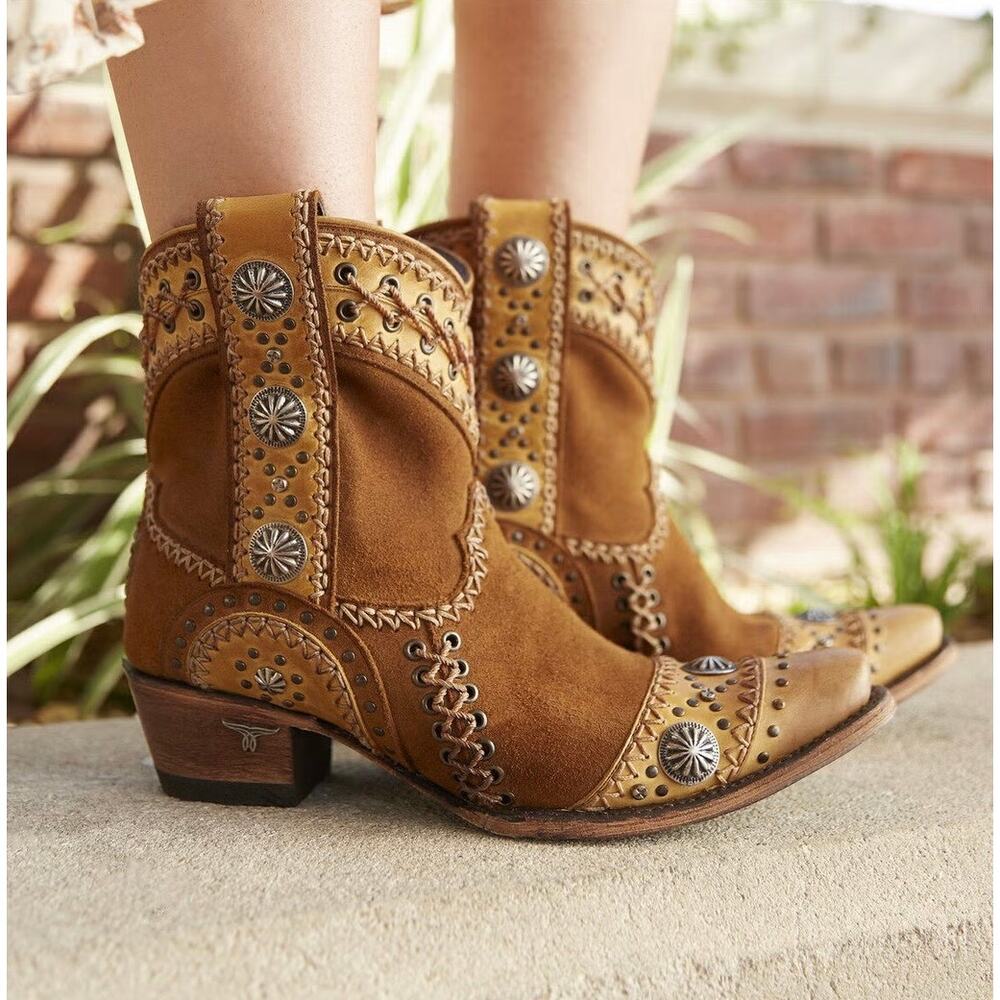 LANE WIND WALKER Brown Leather Western Booties Snip Toe Womens Size 6.5